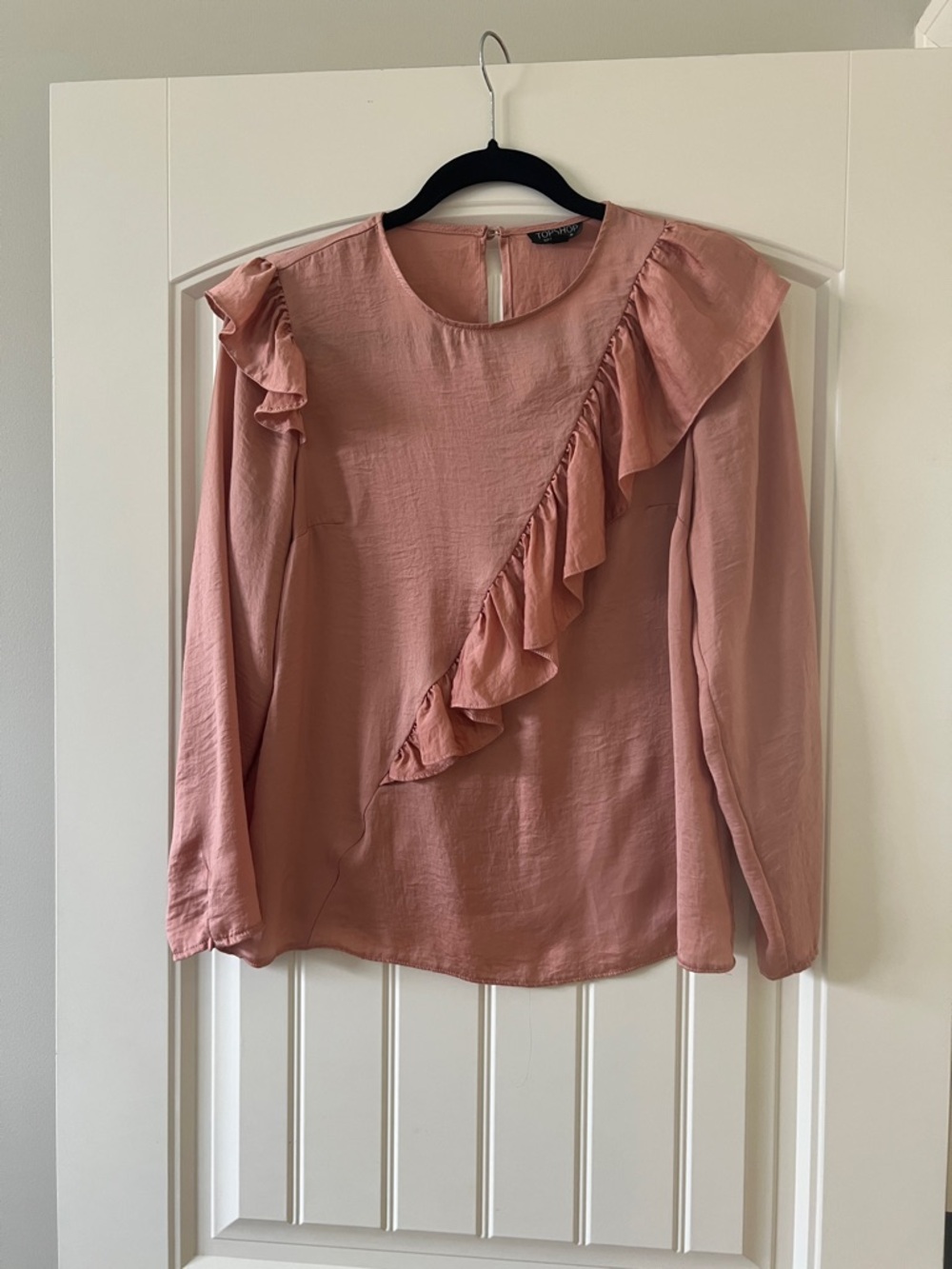 Topshop Dusty Rose Ruffle Front Long Sleeve Blouse